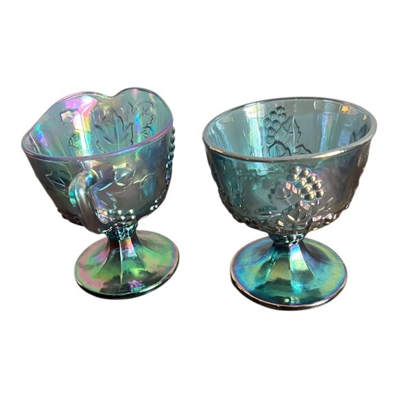 Vintage Harvest Blue Iridescent Carnival Glass Open Sugar Bowl & Creamer Grapes - Picture 4 of 11
